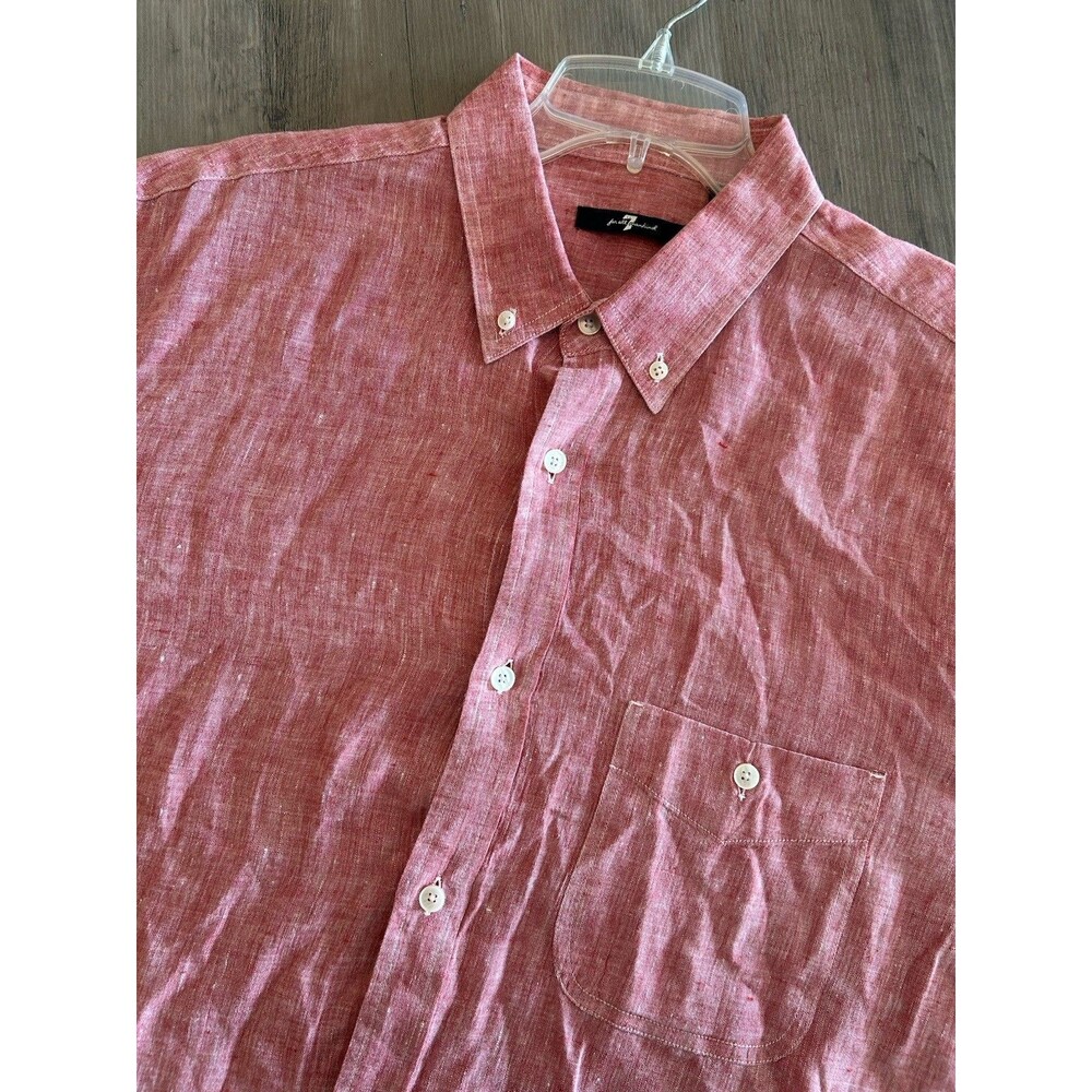 7 For All Mankind Polo 100% Linen Red Solid Long Sleeve Button Down Size XL